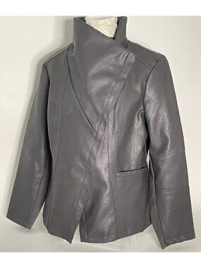 Alfani XL Gray Faux Leather Moto Jacket Asymmetrical Faux Fur Collar Lined